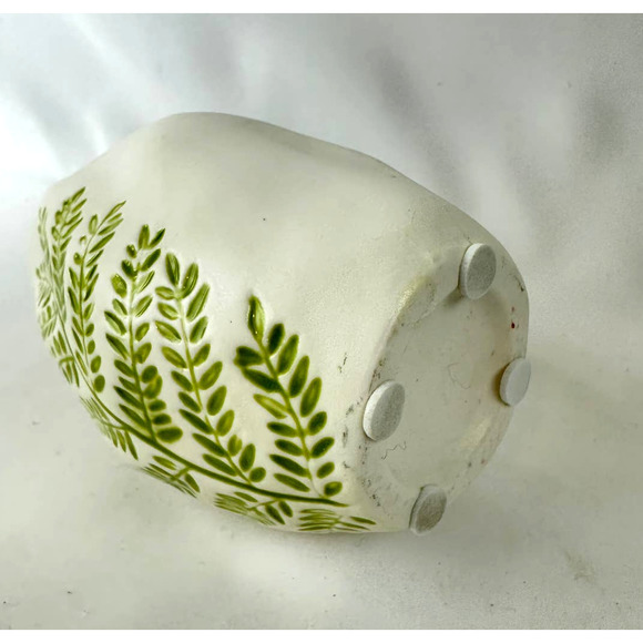Rustic Fern Pottery Vase Organic Shape Warm White Green Fern Leaves - Picture 8 of 12